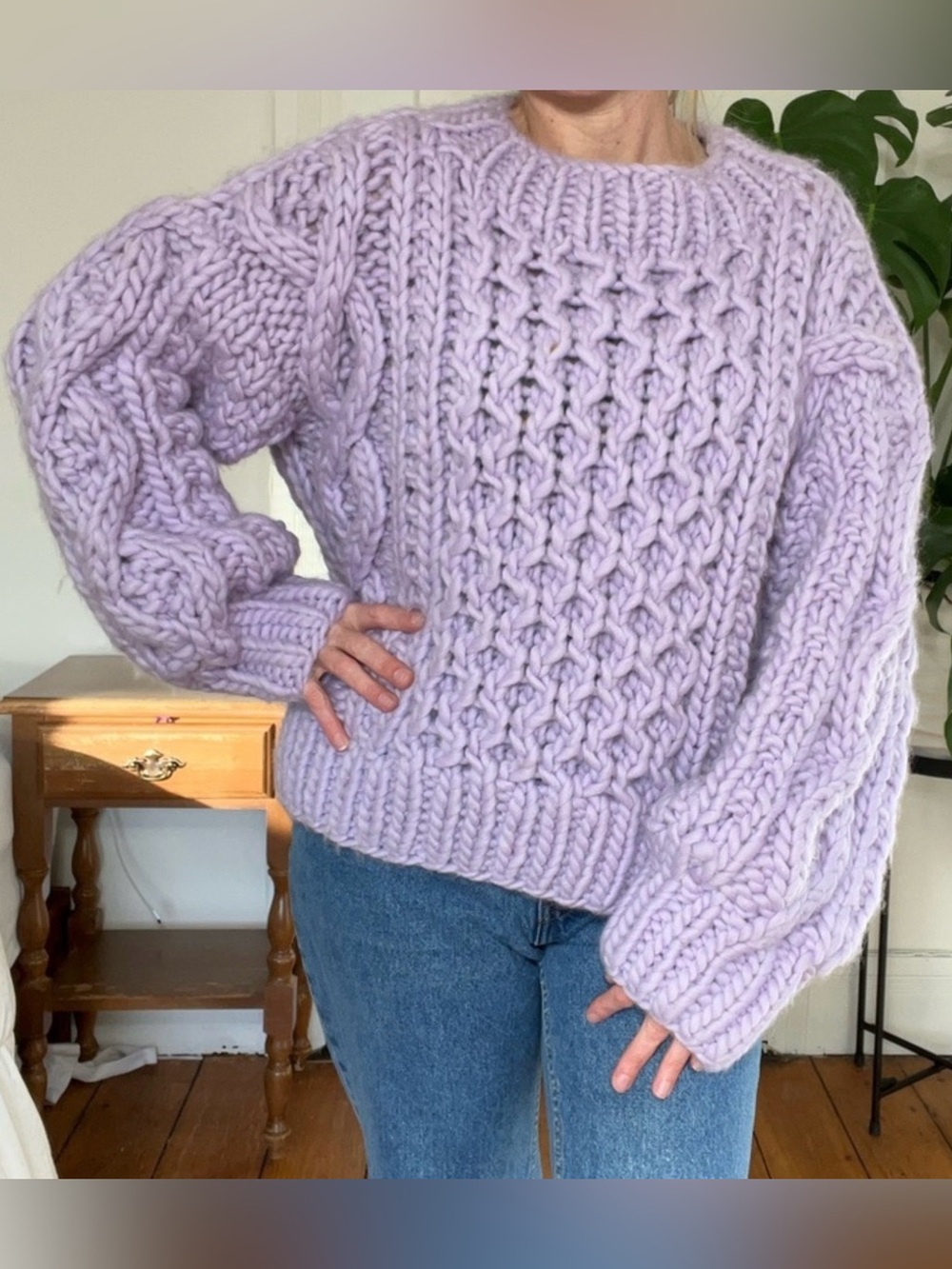 I LOVE MR. MITTENS Chunky Lavender Cable Knit Crewneck Sweater - Women's